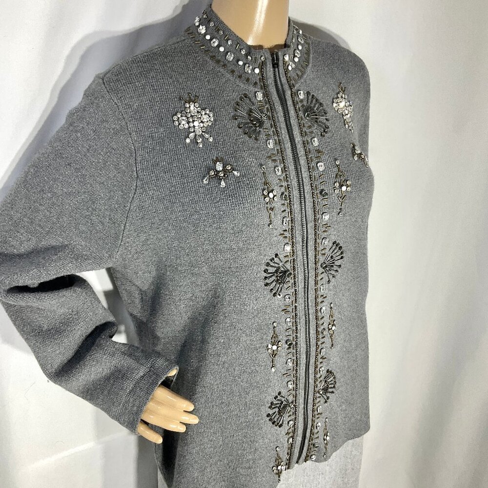 Chicos Size 2 (12) Zippered Cardigan with Rhinestones Gray